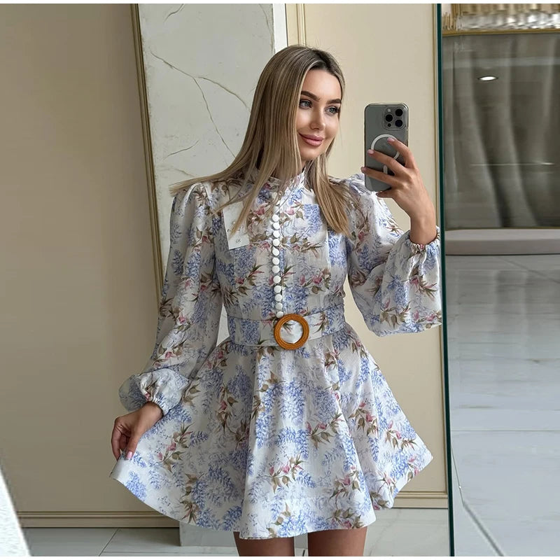 Elegant Women's Printed Dress Long Sleeve O-Neck Button Lady Dresses With Belt Summer Fashion Female Party Short Dress