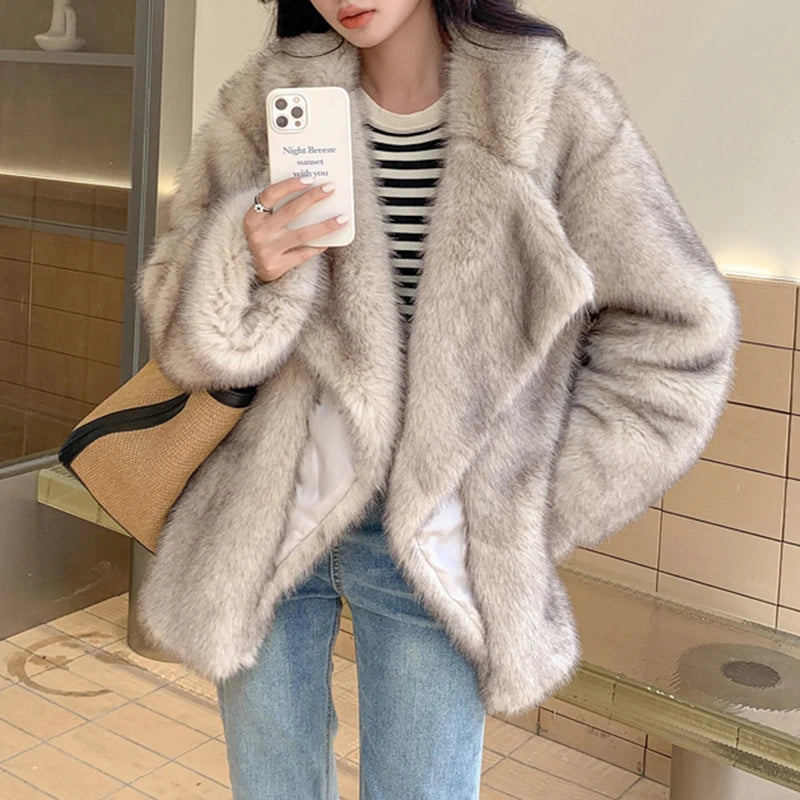 Luxury Brand Fashion Gradient Animal Color Faux Fur Coat Jacket Women