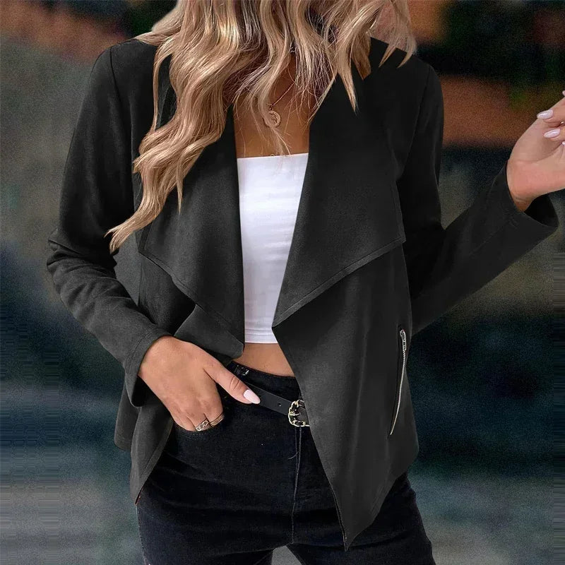 Women's Suit Jacket Solid Suede Lapel Zipper Pocket Office Commuting