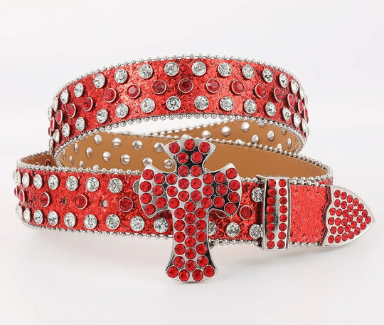 Glittering Rhinestone Belts Y2K Crystal Studded Belts For Men & Women Inspired Ice Belt BB With Cross Big Buckle