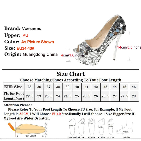 Women 14CM High Heels Bling Sequined Fashion Peep Toe Pumps 4CM Platform Stilettos 2024 New Elegant Ladies Party Single Shoes