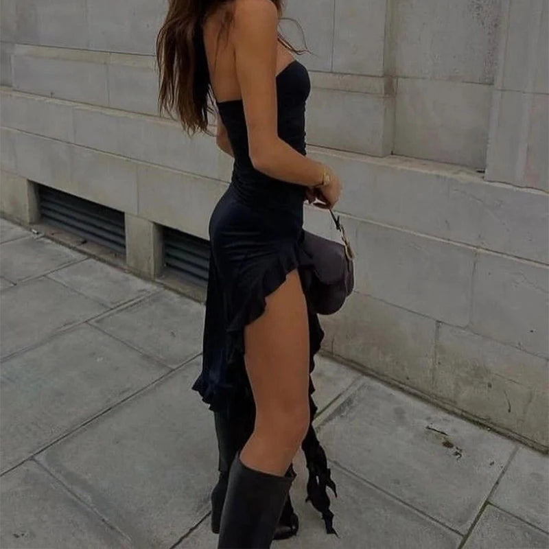 Women Strapless Sexy Floral Fold Hemline High Slit Mini Dress 2024