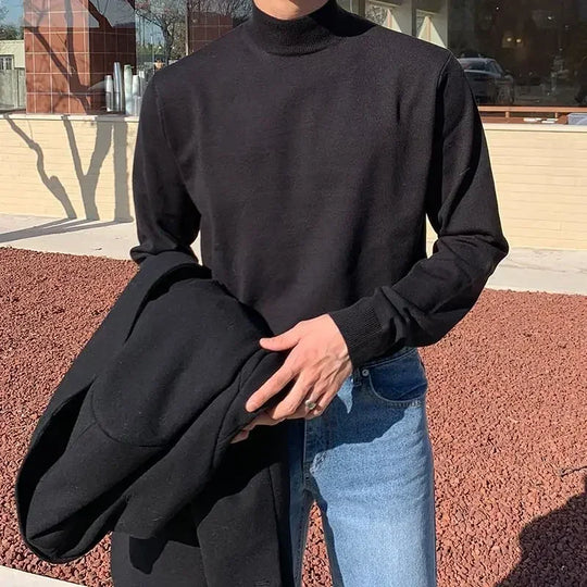 Autumn Winter Half Turtleneck Sweater Men's Long-sleeved Korean Solid