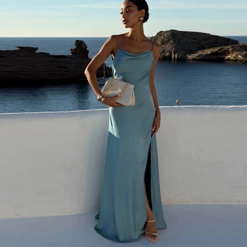 Elegant Split Women' s Dresses Solid Square Collar Backless Sleeveless Long Dress Female 2025 Summer Party Evening Robes