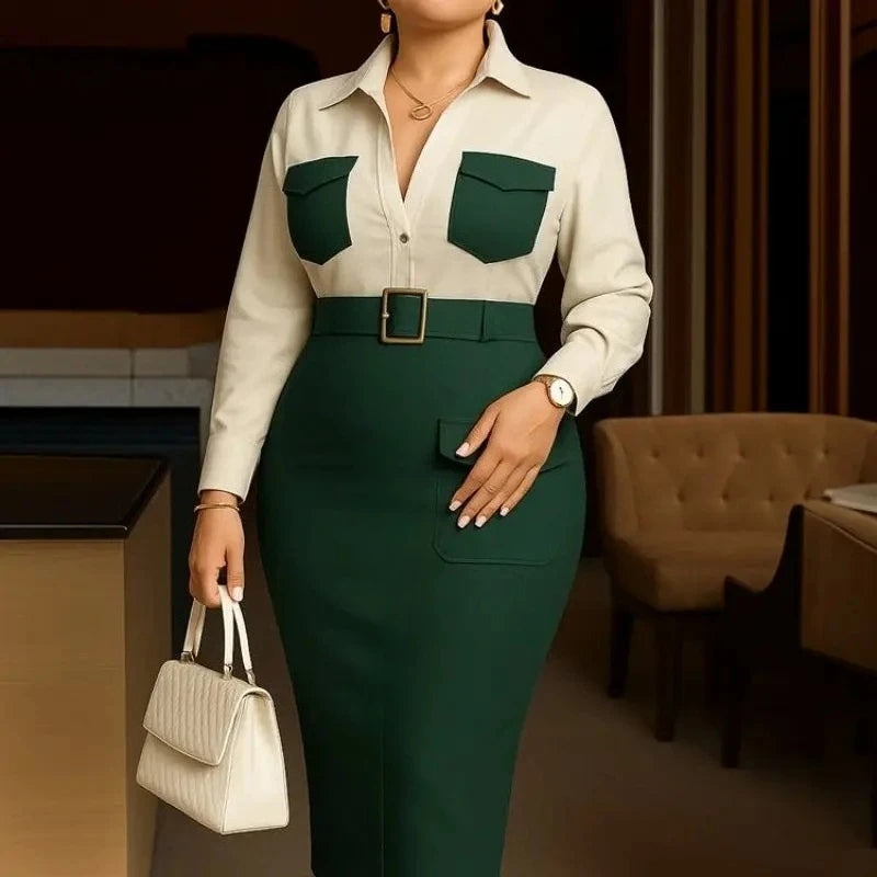 Elegant Church Dresses Long Sleeves Turn Down Collar Women Color Block Patchwork Office Ladies Work Business Autumn African New