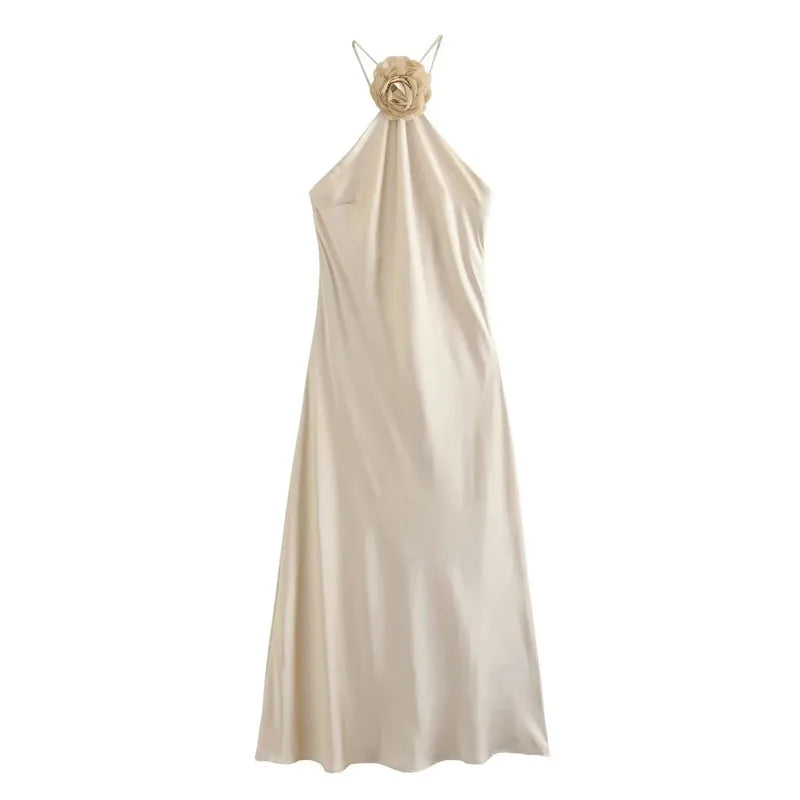 TRAF Flower Halter Dress Woman Off Shoulder Satin Long Dress Women