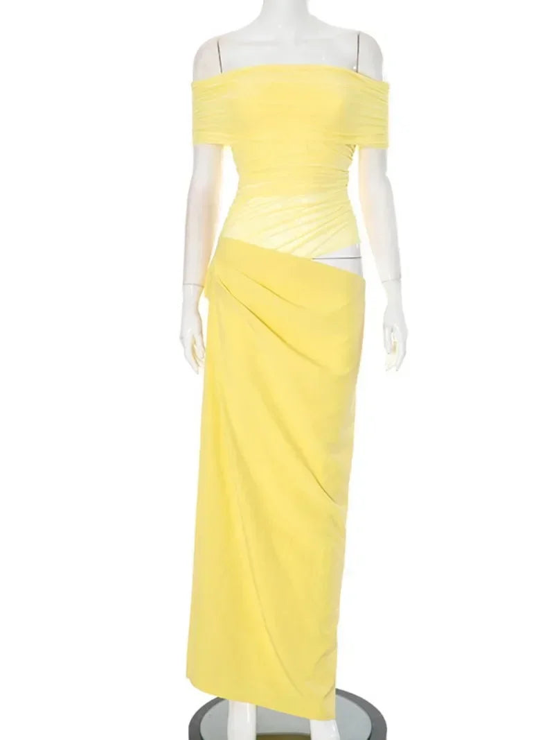 Elegant Yellow Holiday Beach Dresses for Women Sexy Slash Neck Mesh