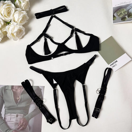 Ellolace Sensual Tassel Fetish Lingerie See Through Open Bra Bilizna