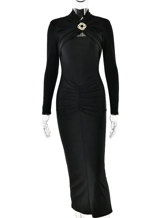 GACVGA Sexy Hollow Out Ruched Maxi Dress For Women Autumn Winter