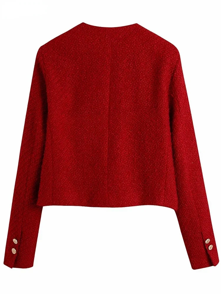 New Collection 2025 Women Vintage Red Tweed Blazer Female Long Sleeve