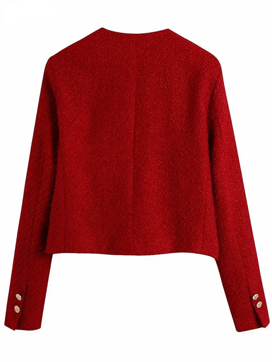 New Collection 2025 Women Vintage Red Tweed Blazer Female Long Sleeve