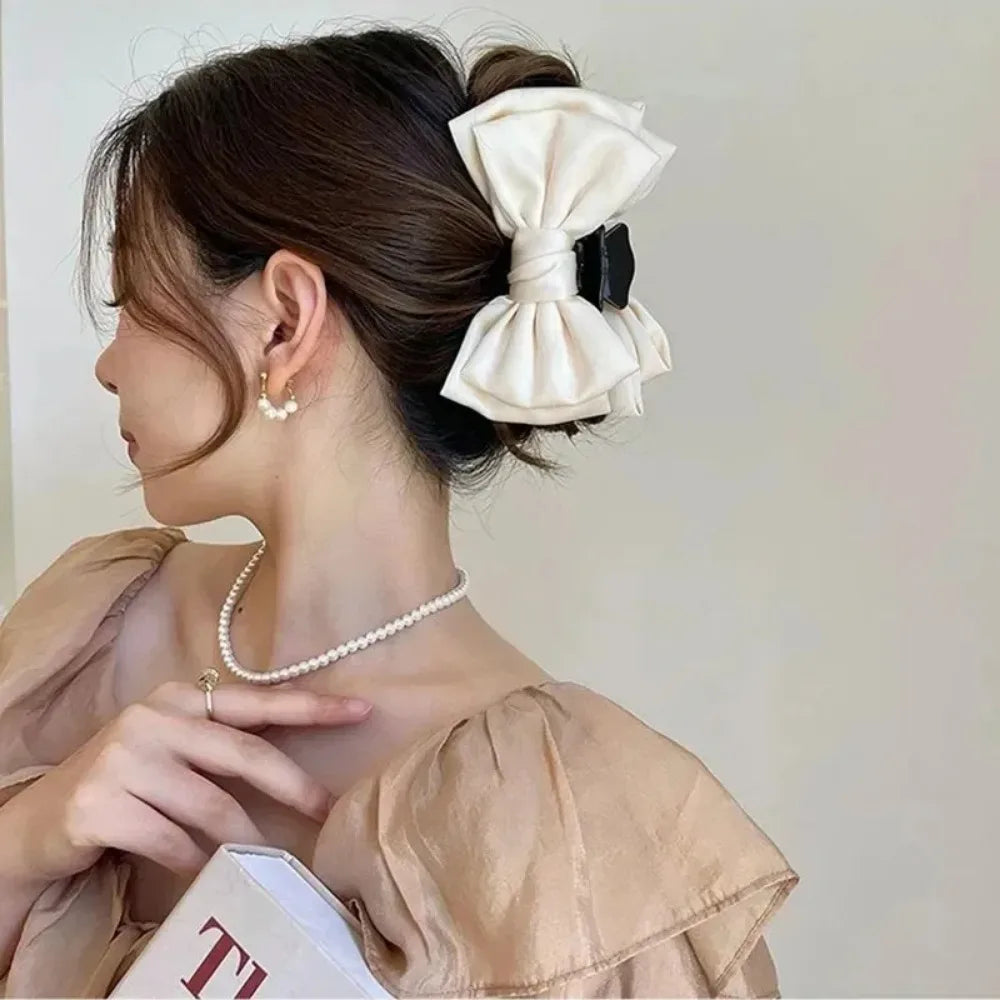 Elegant Women Bow Hair Claw Clips Double-sided Large Satin Shark Hair