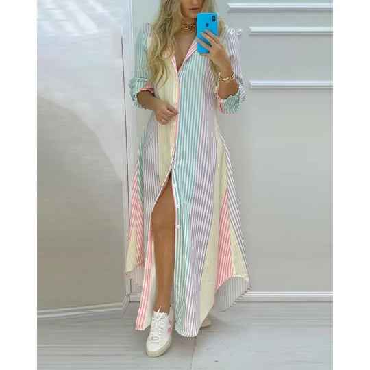 Women Boho Printed Long Shirts Dress Summer Turn-down Collar Long