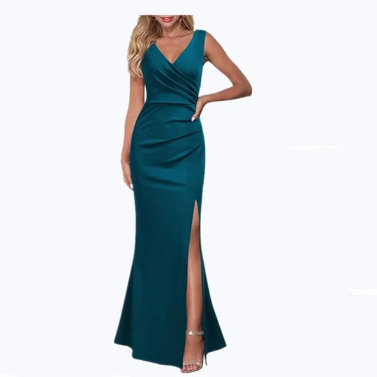 Summer Elegant Women's Sexy Sleeveless Slit Skirt Hot Wedding Long Dress Ladies Sling Backless Strap V-Neck Dress Female