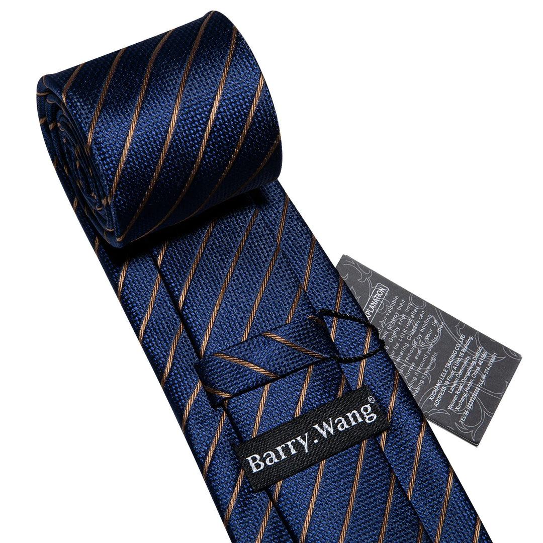 Men Tie Gold Navy Blue Striped Silk Tie 3.4" Jacquard Party