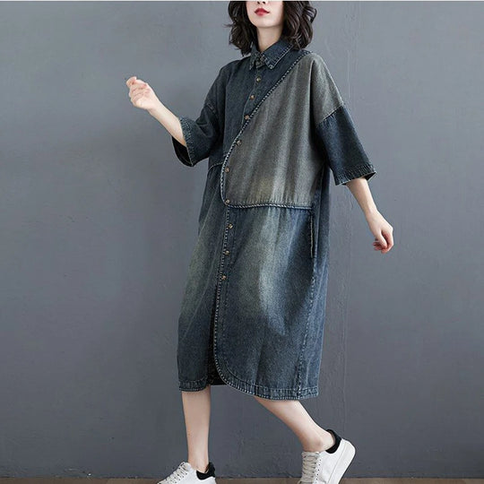 Fashion Lapel Button Pockets Loose Denim Casual Dresses Female Clothing 2024 Summer New Oversized All-match Midi Dress