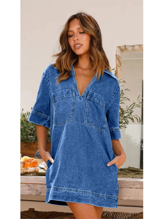 Fashion Denim Dress Casual V Neck Short Sleeve Loose Distressed Jean