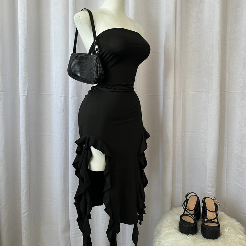 Women Strapless Sexy Floral Fold Hemline High Slit Mini Dress 2024