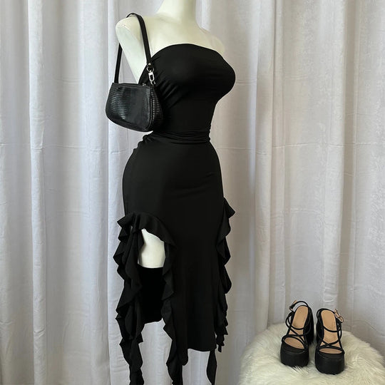 Women Strapless Sexy Floral Fold Hemline High Slit Mini Dress 2024