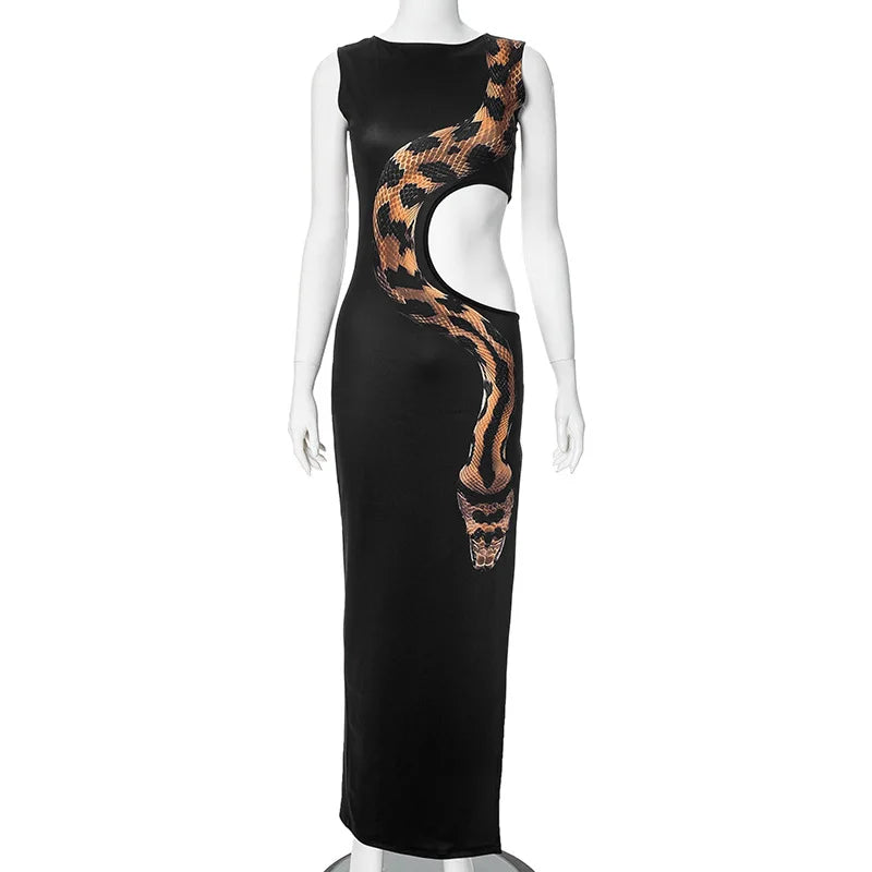 Black Cut Out Beach Dress Women Fashion Snake Print Slim Club Party