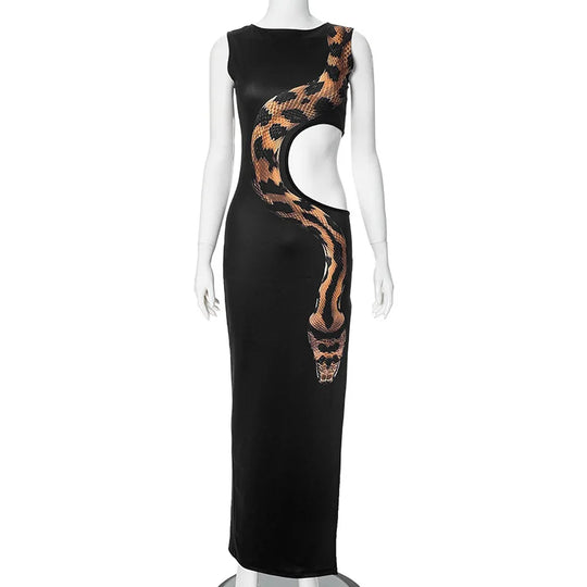 Black Cut Out Beach Dress Women Fashion Snake Print Slim Club Party