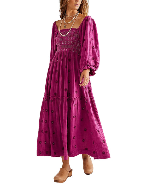 Women's Flower Embroidered Long Dress Bodycon Lantern Sleeve Square