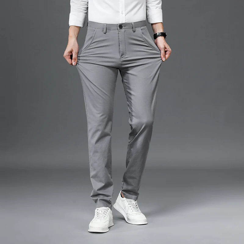 98% Cotton Casual Pants Men Solid Color Business Fashion Straight Slim