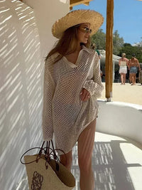 Solid Colour Beach Knit Mini Dress Women's Summer Sexy Hollow Out Long