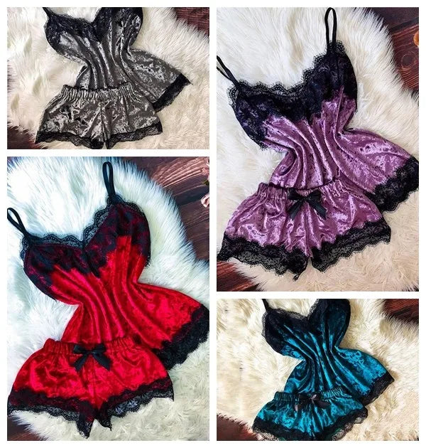 Sexy Lingerie Women Sleep Wear Camisole Bow Shorts V-Neck Tops Velvet