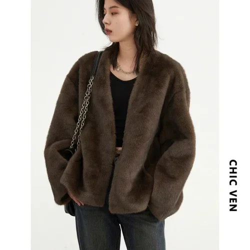 CHIC VEN Women's Jacket Loose Casual Solid Overcoat New Female Plush