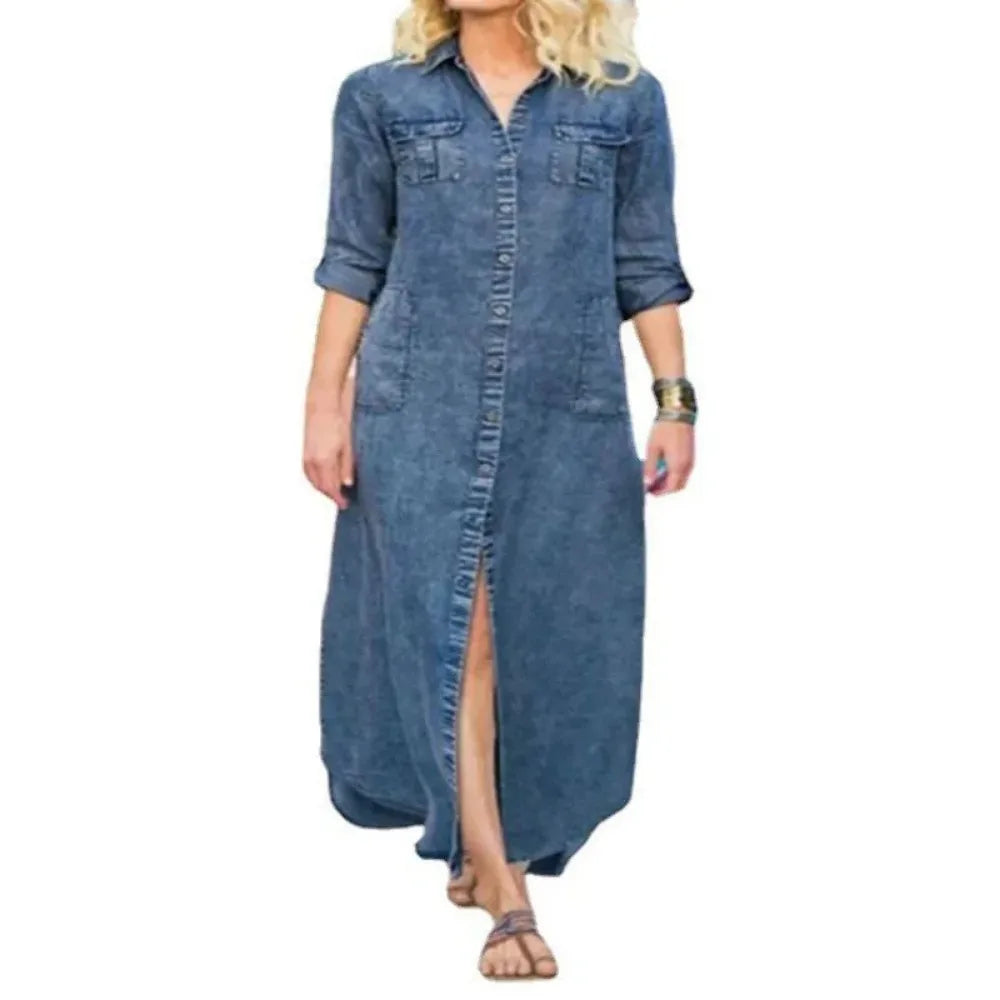 Summer Women's L-5XL Plus Size Loose Solid Color Casual Denim Long Dress Fashionable Flip Collar Button Long Sleeve Pocket Denim