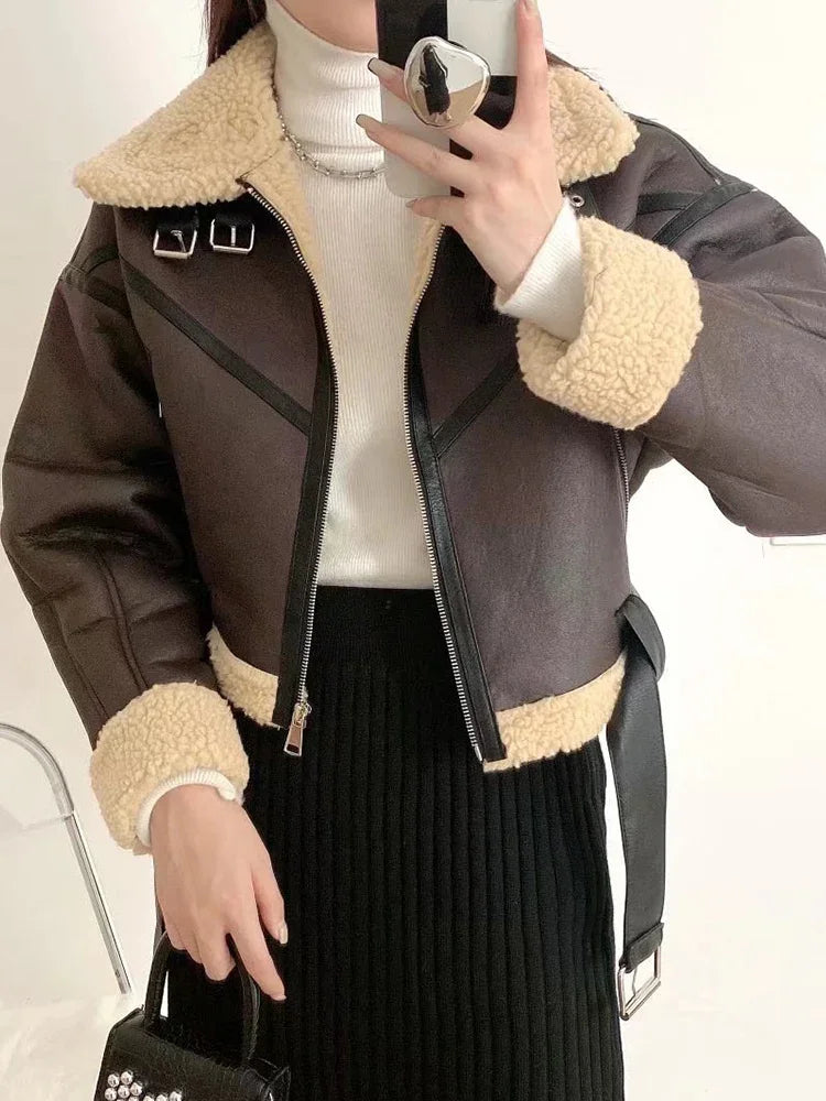 Ailegogo Winter Women Streetwear Faux Lamb Leather Fur Short Jacket