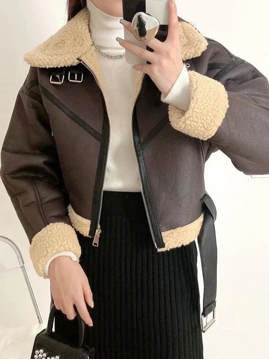 Ailegogo Winter Women Streetwear Faux Lamb Leather Fur Short Jacket
