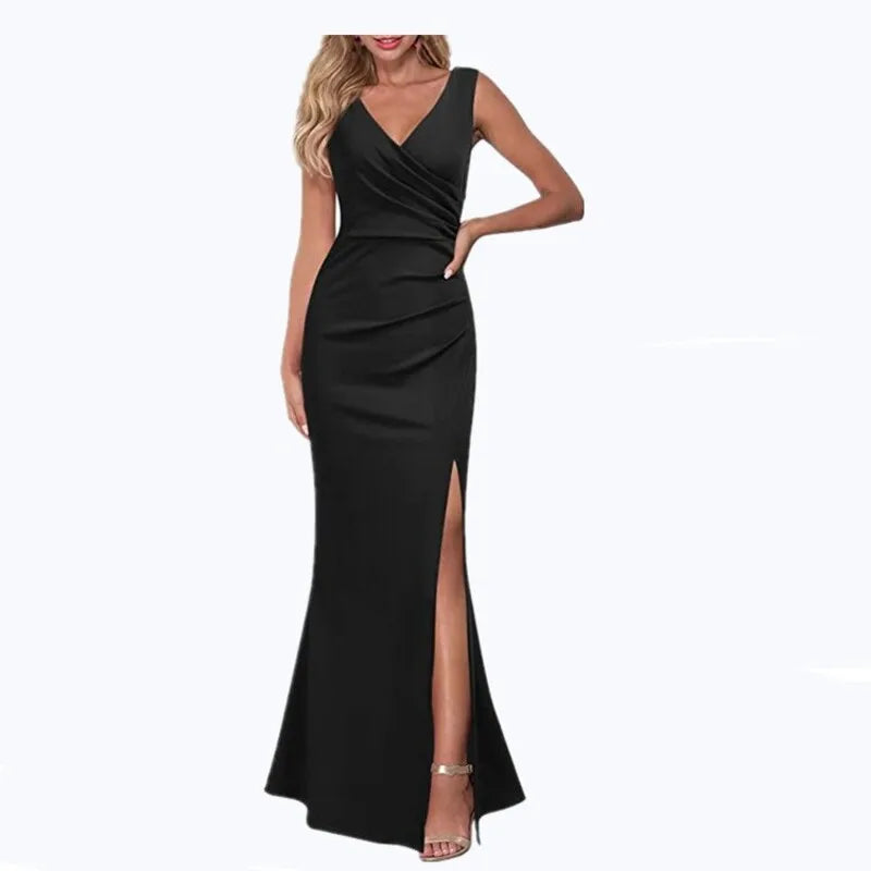 Summer Elegant Women's Sexy Sleeveless Slit Skirt Hot Wedding Long Dress Ladies Sling Backless Strap V-Neck Dress Female