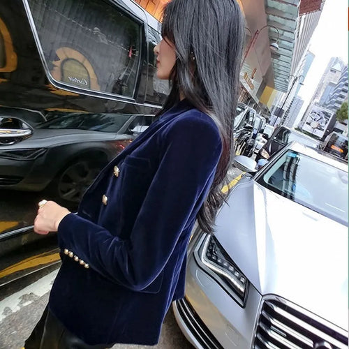 New Spring Fashion Women Midnight Navy Slim Velvet Blazer Office Lady