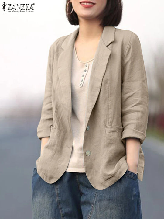 ZANZEA Women Elegant Cotton Jackets Suits Loose Vintage Work Coats