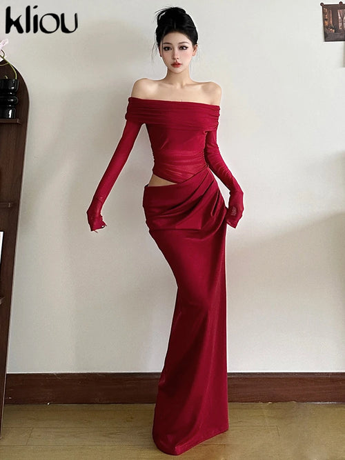 kliou Stacked Mesh Pleated Women Maxi Dress Fashion Hot See Through