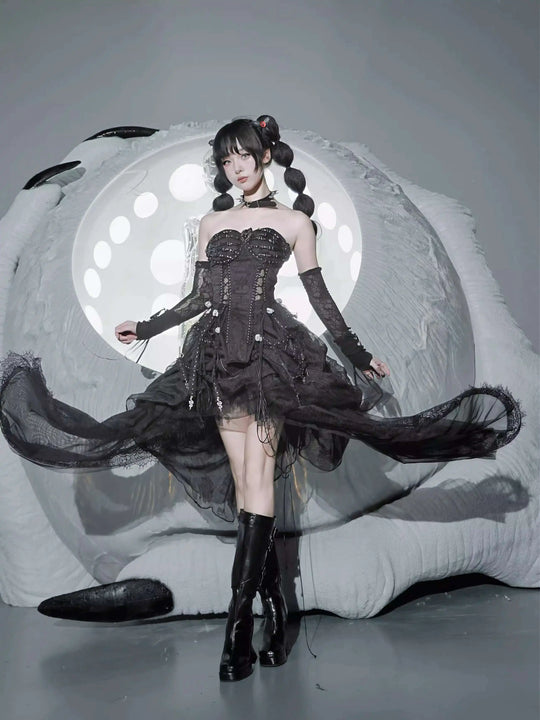 TDH Heavy Industries Handmade Pure Black Gothic Black Strap Drawstring Chest, Bird Cage, Affordable Bundle Body, Skincare Top