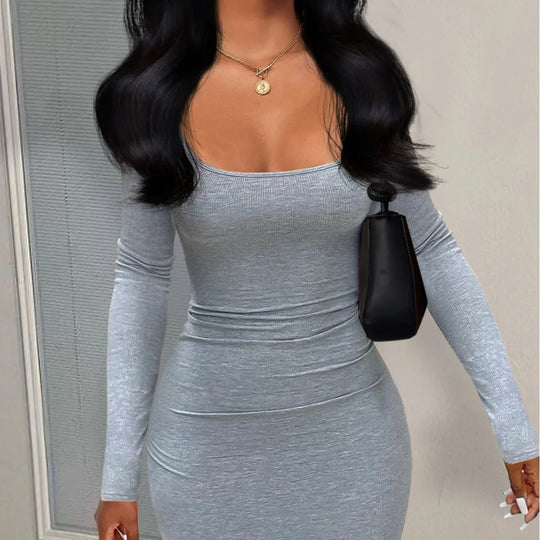 Women Dresses Long Sleeve Sheath Square Collar Slim Fit Dress Vestidos