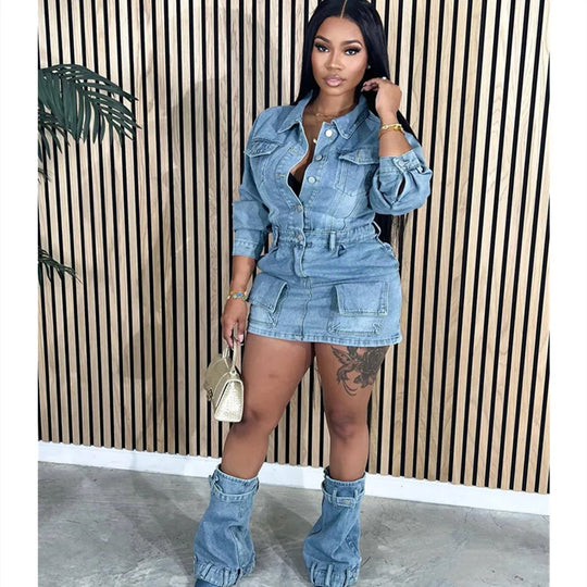 FAGADOER Fashion Button Long Sleeve Denim Mini Dress Women Turndown