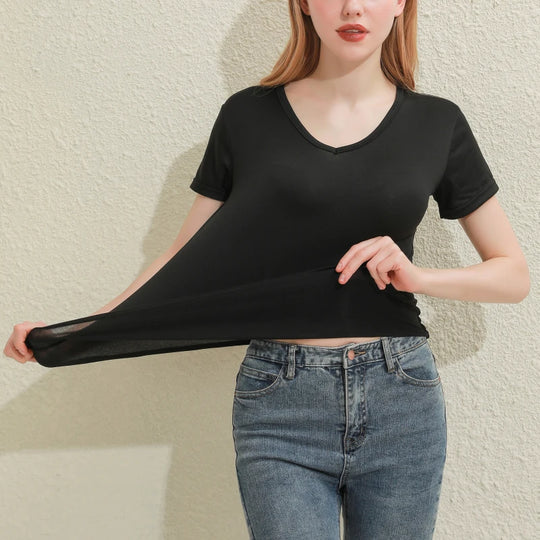 Solid Women Cotton T-shirt V-Neck Short Sleeve Female Tee Slim White