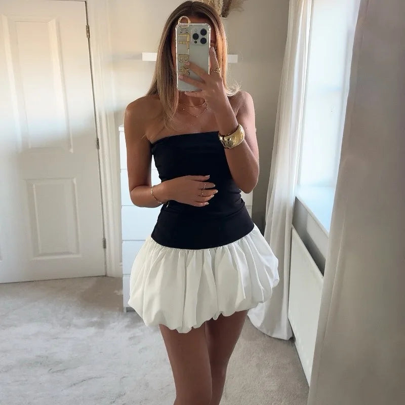 TARUXY Contrast Color Mini Folds Dress For Women Strapless Sexy Slim