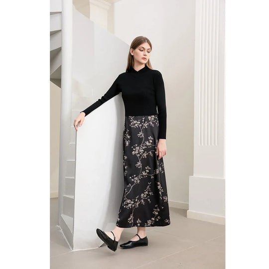 AP Women 2025 Autumn New Floral Printing Satin Dress Lady Elegant