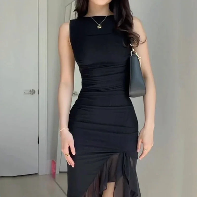 Wefads Women Maxi Dress Summer Elegant Solid Sleeveless Nipped Waist