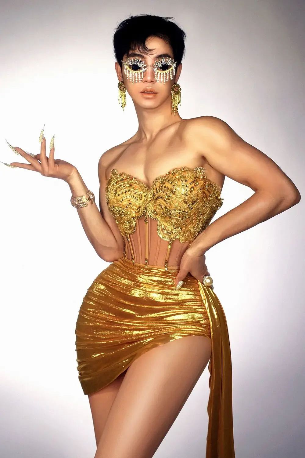 Gold Color Women Sexy 2 Pieces Strapless Bodycon Mini Dress Bar Singer