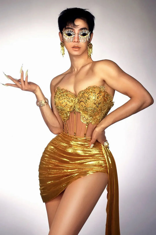 Gold Color Women Sexy 2 Pieces Strapless Bodycon Mini Dress Bar Singer