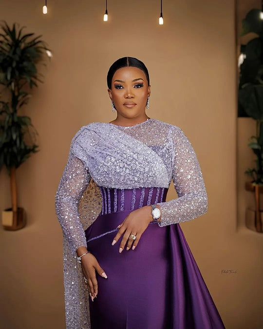 Evening Dresses with Side Train Sparkly Sequins Lace African Party Dress Elegant Nigerian Formal Asoebi Prom Gown