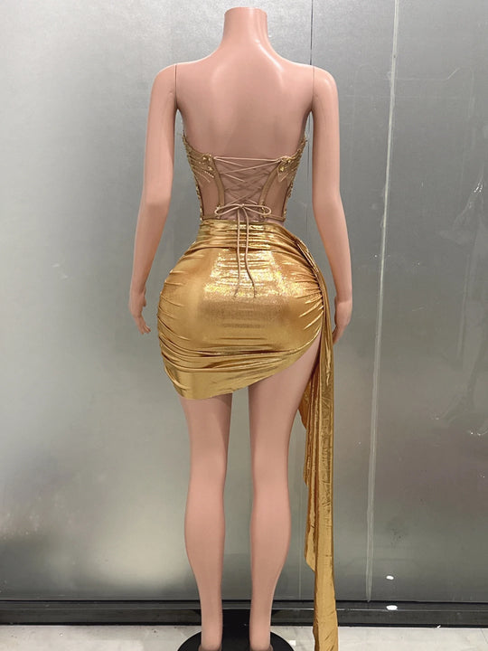 Gold Color Women Sexy 2 Pieces Strapless Bodycon Mini Dress Bar Singer