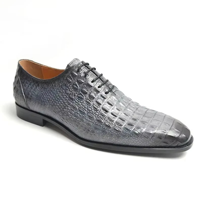 Deluxe Leather Shoes Crocodile Pattern Lace Up Wedding Shoes for Men Business Casual Leather Shoes Round Toe Height Increasing