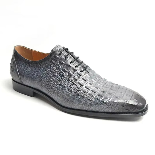 Deluxe Leather Shoes Crocodile Pattern Lace Up Wedding Shoes for Men Business Casual Leather Shoes Round Toe Height Increasing